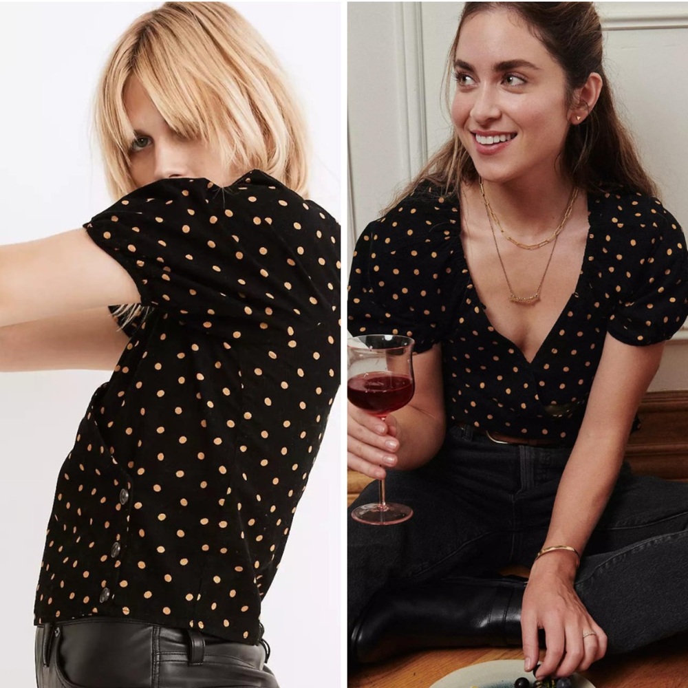 Madewell Black Polka Dot Puff-Sleeve Wrap Crop Top - Picture 2 of 7